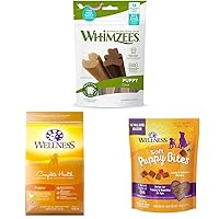 Whimzees Wellness Complete Health Dry Puppy Food, 5 Pound Bag Puppy Dental Chew Treats + Wellness Soft Puppy Bites, 8 Ounce Bag