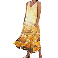 Summer Dresses for Women 2024 Vacation Linen Sleeveless Boho Floral Print Beach Sundress Casual Baggy Maxi Dress with Pockets