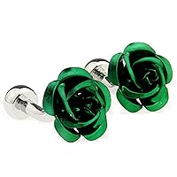 Rose Flower Green Pair of Cufflinks in a Presentation Gift Box with a Polishing Cloth