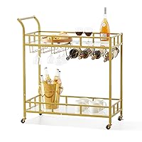 VEVOR Bar Cart Gold, 2 Tiers Home Bar Serving Cart on Lockable Wheels, Rolling Alcohol Cart with Tempered Glass Shelves Guardrail Wine Rack, Modern Wine Cart for Home Kitchen Dining and Living Room