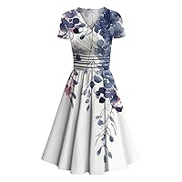 Women's Floral Dresses 2024 Spring and Summer Casual Short-Sleeved V Neck Printed Swing Dress Casual, S-3XL