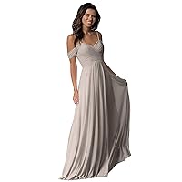 Women's Long Cold Shoulder Pleated Wedding Bridesmaid Dresses Off Shoulder Chiffon Prom Dress Taupe US12
