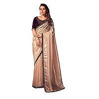 Indian Wedding Shimmer silk Plain & Shiny Saree velvet zarkan Jewell neck Blouse Cocktail Sari 3895