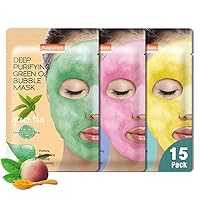 Purederm Green Tea Facial Mask Skin Care (5 Pack) Deep Purifying Pink O2 Bubble Mask Peach (5 Pack) Deep Purifying Yellow O2 Bubble Mask Turmeric (5 Pack)