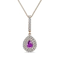 Pear Cut Amethyst & Diamond Halo Pendant Necklace 0.53 ctw 14K Rose Gold with 18