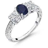 Gem Stone King 925 Sterling Silver 3-Stone Ring Oval Blue Sapphire and Moissanite (2.12 Cttw)