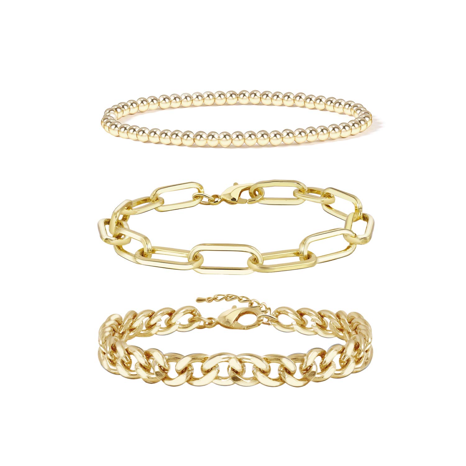 CONRAN KREMIX Gold Bracelet Sets for Women Girls 14K Real Gold Chain Dainty  Link Paperclip Bracelets Stake Adjustable Layered Link Bracelet Set