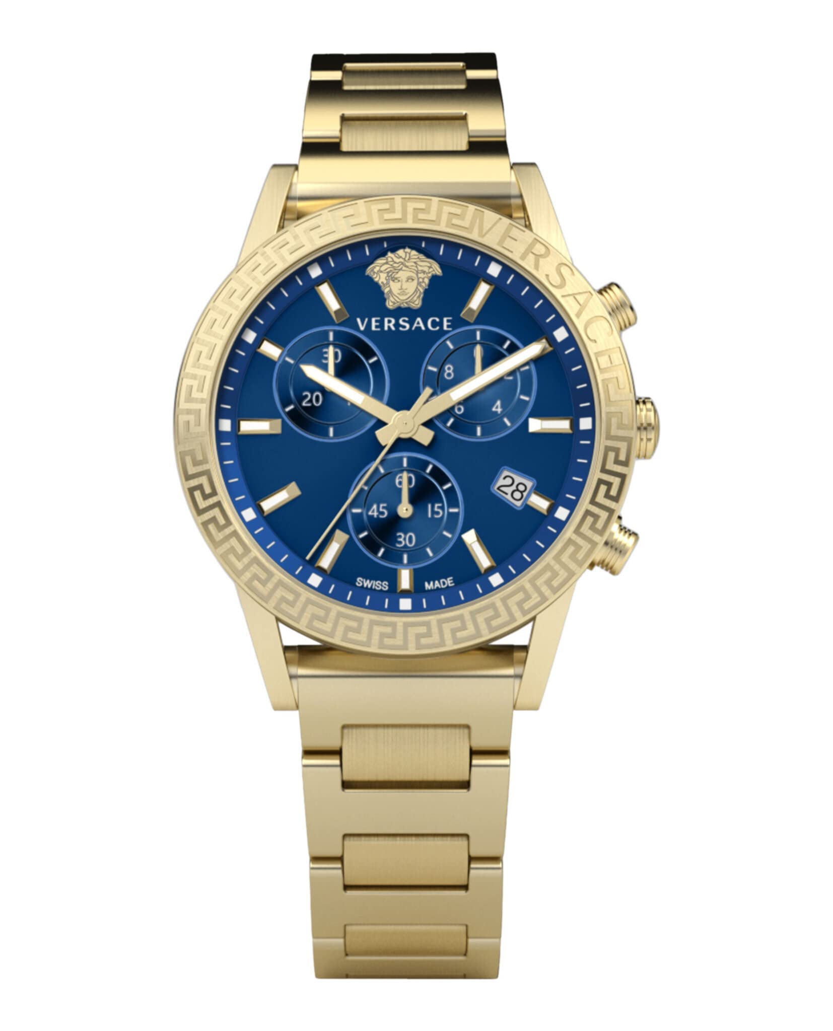 Versace Sport Tech Collection Luxury Womens Watch Timepiece with a Gold Bracelet Featuring a Gold Case and Blue Dial