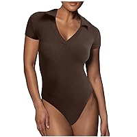 Womens Knit Ribbed Bodysuit Sexy V Neck Short Sleeve Bodycon Jumpsuit Stretch Leotard Tops Going Out Body Suits