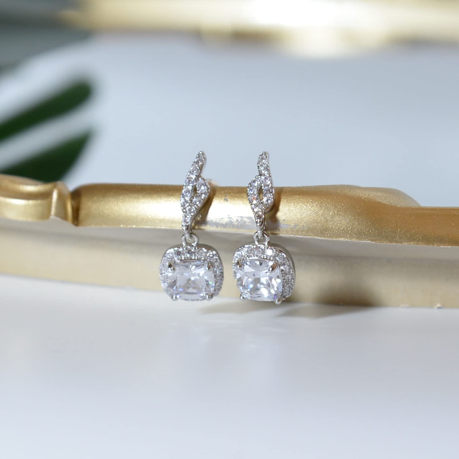 14K Gold Plated Sterling Silver Post Halo Cubic Zirconia Stud Earrings for Women Leverback Dangle Bridal Earrings Set