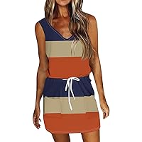 Ladies Summer Dresses Sundresses for Women 2024 Striped Print Casual Fashion Slim Fit with Waistband Short Sleeve V Neck Summer Dress Saffron XX-Large