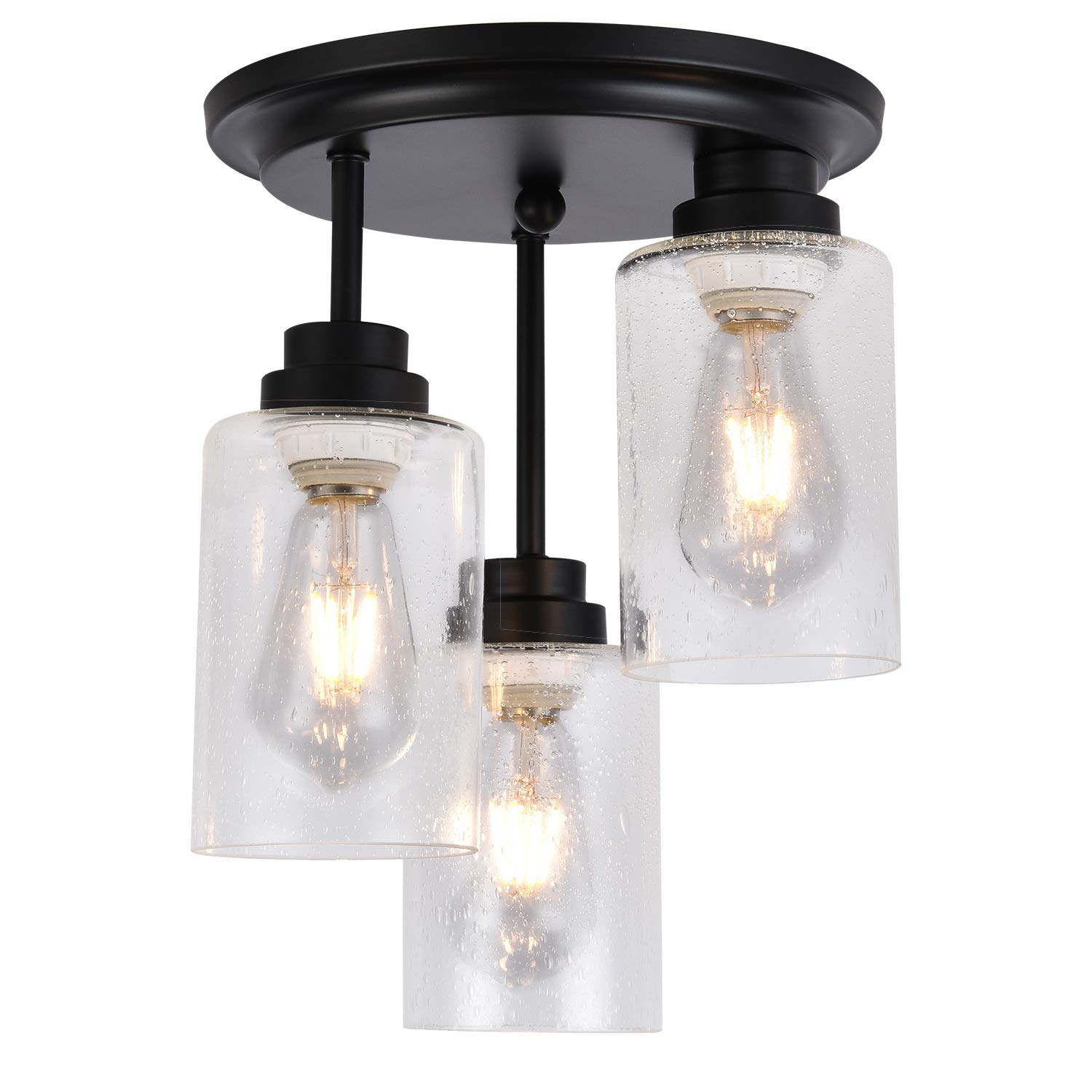 KRASTY 3-Light Black Paint Ceiling Light Semi Flush Mount Light Fixture,Hallway Light Fixtures Ceiling with Seeded Glass Shades for Kitchen Bedrooo...