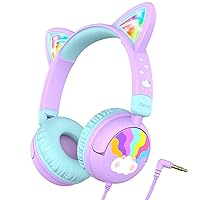iClever Kids Headphones Cat Ear, LED Light Up, 85dBA Safe Volume, Stereo Sound Toddler Headphones for Travel School, Foldable 3.5mm Wired Kids Headphones for iPad Tablets, Meow Lollipop-Purple