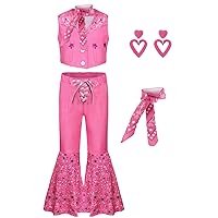 Girls Cowboy Costume Movie Pink Cowgirl Uniform Set with Scarf and Earrings