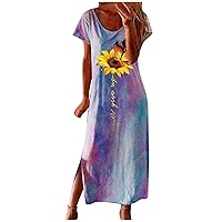 Women's Round Neck Glamorous Casual Loose-Fitting Summer Beach Print Dress Flowy Short Sleeve Knee Length Swing Purple