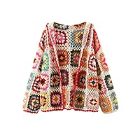 Colored Plaid Flower Hand Crochet Hooded Cardigan Ethnic Woman Full Sleeve Sweater Beach Short Jumper