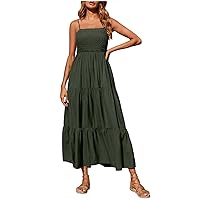 Women Summer Dresses Square Neck Spaghetti Strap Maxi Dress Casual Smocked Sundress A Line Tiered Beach Dress (X-Large, Army Green)