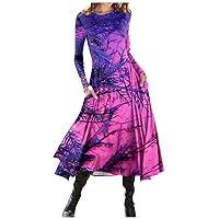 Trendy Fall Long Sleeve Christmas Dress,Winter Formal Plus Size Smocked Flowy Elegant Floral Casual Party Midi Dress