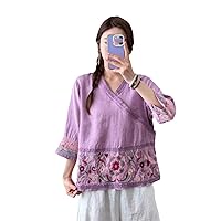 Linen Shirt Women's Summer Zen Tea Dress Embroidered Diagonal Cardigan Casual Short Loose Linen Top
