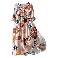 Women Casual Loose Bohemian Floral Dress with Pockets Half Sleeve Button Down Midi Dress Summer Beach Swing Dresses with Belt