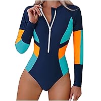Womens One Piece Surfing Rash Guard Long Sleeve Zipper Bathing Suits Stripe Printed Sun Protection Athletic Swimsuit