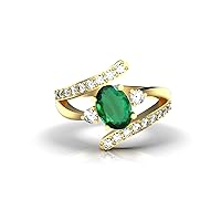 14K Gold Natural Oval Emerald And Diamond Engagement Ring