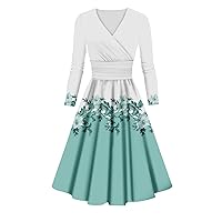 Fall Winter Long Sleeve Midi Dress for Women Trendy Plus Size Ruched Flowy Elegant Formal Floral Cute A Line Dress