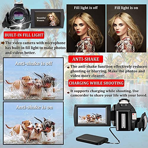 Video Camera Camcorder VideoSky Vlogging Camera for YouTube Full HD 1080P 24MP 30FPS 16X Zoom Digital Camera with 3.0 Inch 270° Rotation IPS Screen, Fill Light, Microphone, 2.4G Remote, 2 Batteries