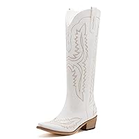 Western Cowboy Boots Embroidered Pointed Toes Side Zipper Women's Cowgirl Boots Chunky Block Heel Knee High Boots