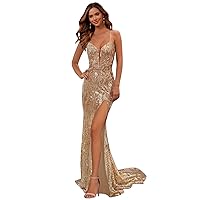 Spaghetti Straps Rose Gold Sequin Ball Gowns with Slit Mermaid Prom Dresses for Women Formal Size 8