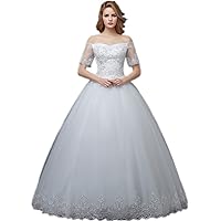 Lace Sleeve Off Shoulder Satin Wedding Gown for Bridal