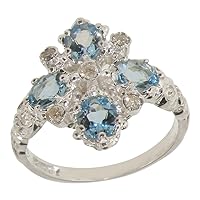 925 Sterling Silver Real Genuine Aquamarine & Diamond Womens Band Ring (0.09 cttw, H-I Color, I2-I3 Clarity)