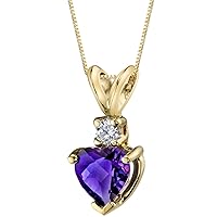 PEORA 14K Yellow Gold Amethyst with Diamond Pendant for Women, Genuine Gemstone Birthstone, Heart Shape Solitaire, 6mm, 0.75 Carat total