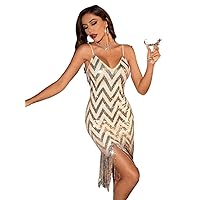 Fall Dresses for Women 2023 Chevron Print Fringe Hem Sequin Cami Dress Dresses for Women (Color : Champagne, Size : Medium)