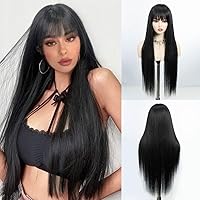 Long Black Wig With Bangs Long Straight Black Wig Synthetic Heat Resistant Wigs for Women Daily Party Use 30 Inch（Black）
