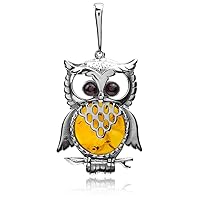 Multicolor Amber Sterling Silver Owl Pendant