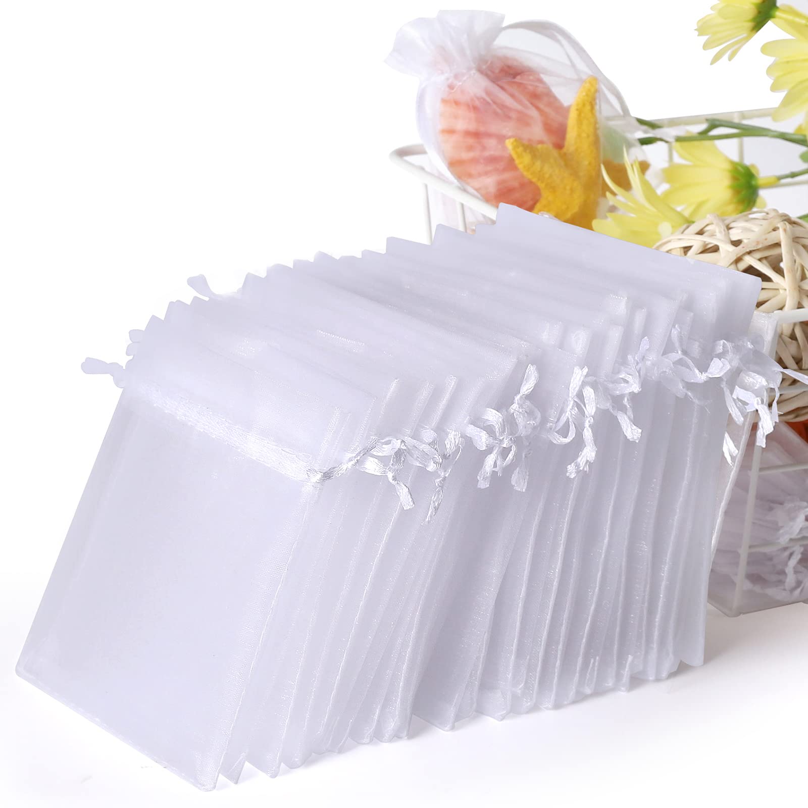 WenTao 100PCS 4x6 (10x15cm) White Sheer Organza Bags for Wedding Favor With Drawstring, Premium Jewelry Pouches Party for Festival Gift ,Candy , Fruit Protection