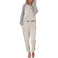 Women's 2 Piece Outfits Set Color Block Long Sleeve Pullover and Drawstring Sweatpants Loose Sweatsuit Sets