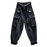 Jeans Women's Casual Elastic Waist Loose Cross-Pants Big Pocket Vintage Black Denim Harem Pants