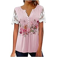 SMIDOW Tops for Women Casual Spring 2023 Trendy Bohemian Floral Print t-Shirt Lace Short Sleeve Henley v Neck Tunic Blouse