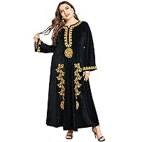 MedeShe Women's Loose Crewneck Gold Tribal Ethnic Print Casual Dress Party Maxi Dress (16, Black Embroidery)