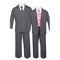 7pc Formal Boys Dark Gray Suits Extra Coral Red Vest Necktie Sets S-20 (20)