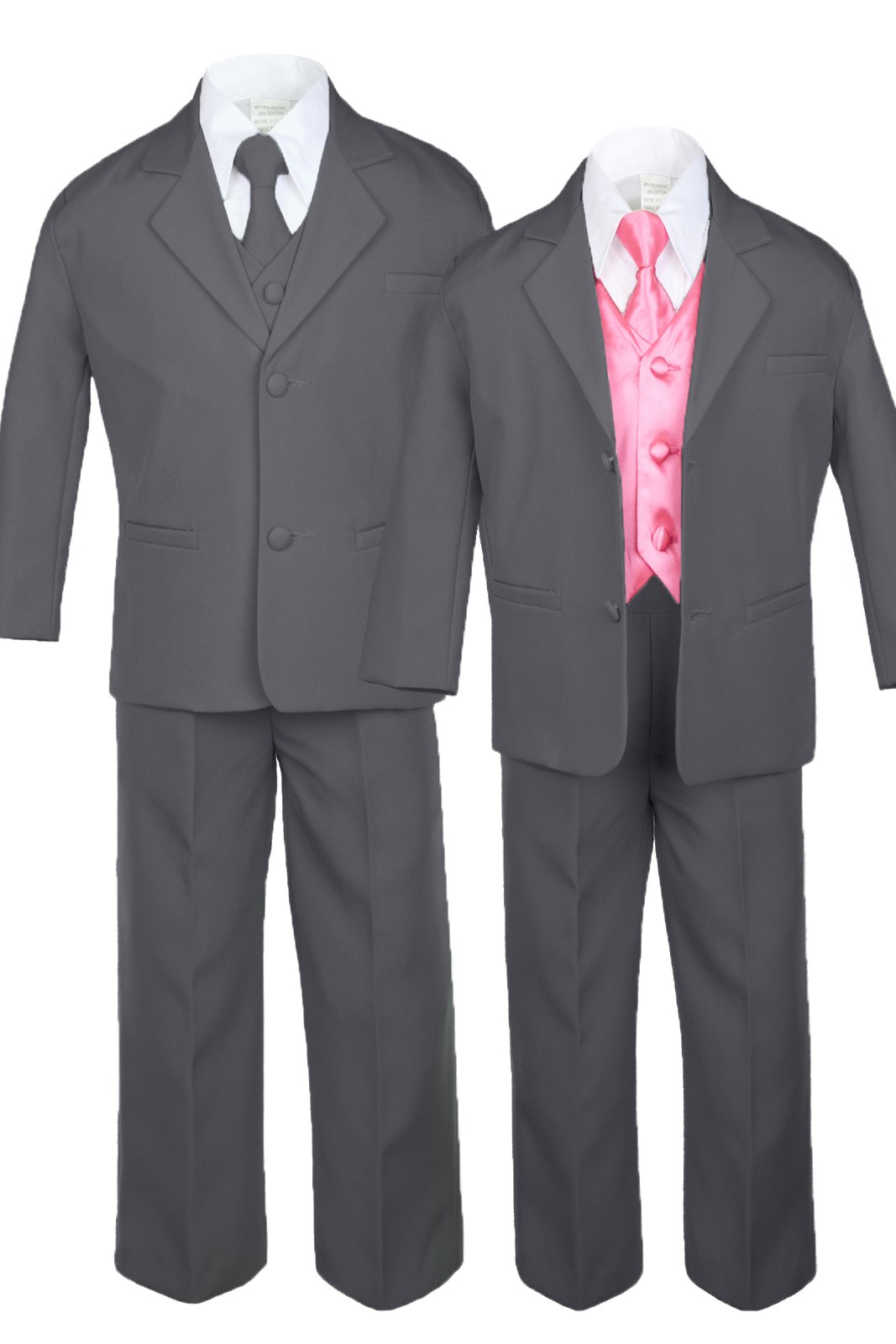 7pc Formal Boys Dark Gray Suits Extra Coral Red Vest Necktie Sets S-20 (20)