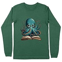 Octopus Reading a Book Long Sleeve T-Shirt - Blue Octopus T-Shirt - Octopus Print Long Sleeve Tee