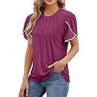 Womens Casual Short Sleeve T-Shirts Pleated Crewneck Tunic Tops Loose Comfy Tee Blouse Lightweight Cute Tshirts
