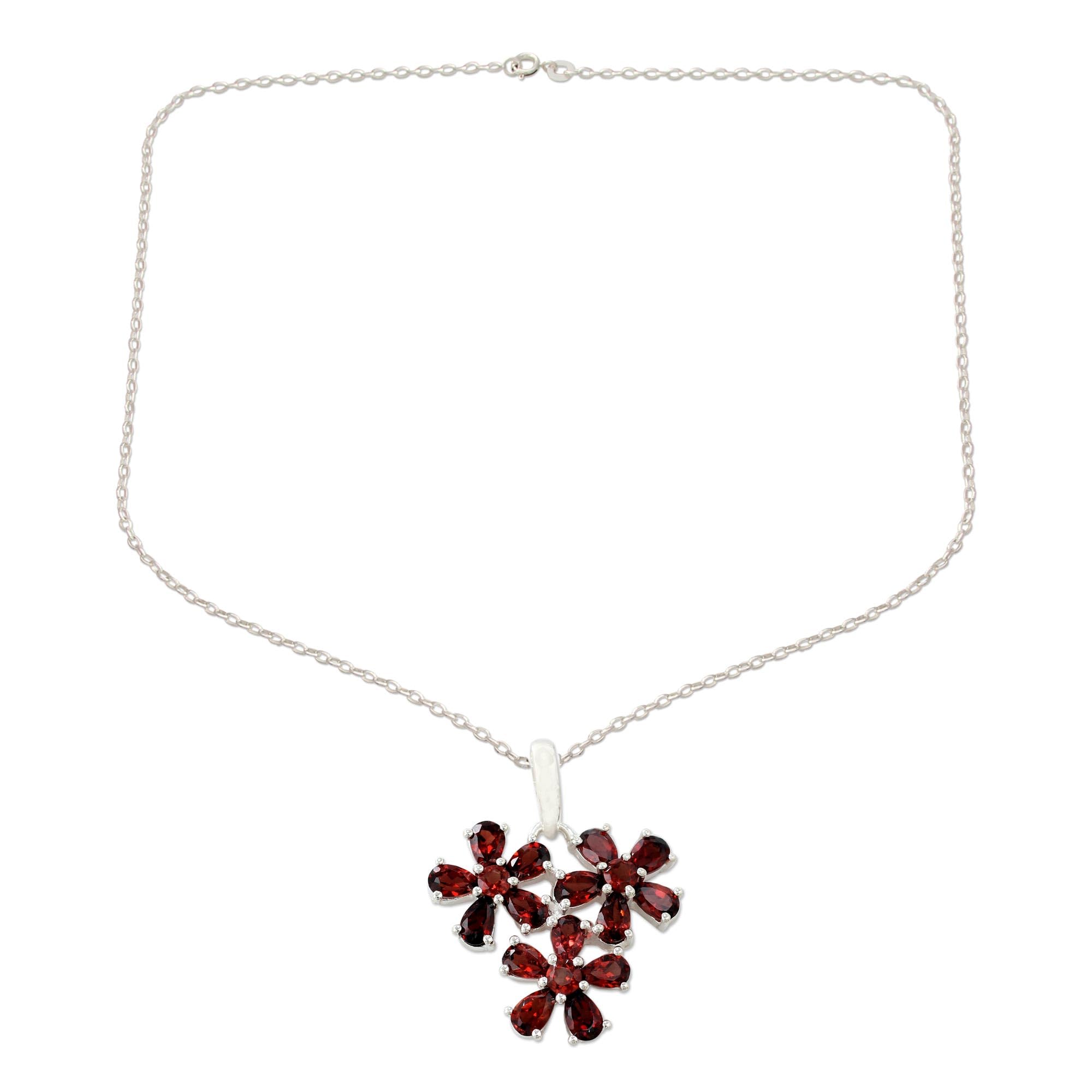 NOVICA Handmade .925 Sterling Silver Garnet Pendant Necklace Flower in Rhodium Plated Burgundy Red India Floral Birthstone 'Bouquet of Passion'