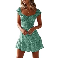 Valphsio Womens Smocked Dress Ruffle Floral Tie Front Boho Short Dresses