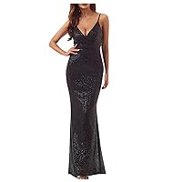 Women's Sexy V Neck Spaghetti Strap Bodycon Sequin Evening Gown Cocktail Club Party Dress Mermaid Prom Maxi Dresses