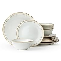 Famiware Aegean Plates and Bowls Sets, Dishes Set for 4 (12Pcs), Stoneware Dinnerware Set, Handmade Irregular Round Plate Set - Microwave and Dishwasher Safe, Scratch Resistant, Cappuccino White