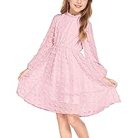 Girls Dresses Swiss Dot Flared Sleeve Ruffle Collar Party Dress Casual Midi Dress for Kids Girl 5T-13Y